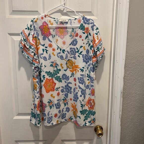 Rachel Zoe Short Sleeve Floral Blouse‎ Top Plus Size 2X Flutter Sleeve  Boho - Picture 1 of 6